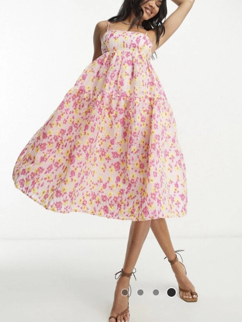 Women’s Pink Floral Midi Dress with Spaghetti Straps